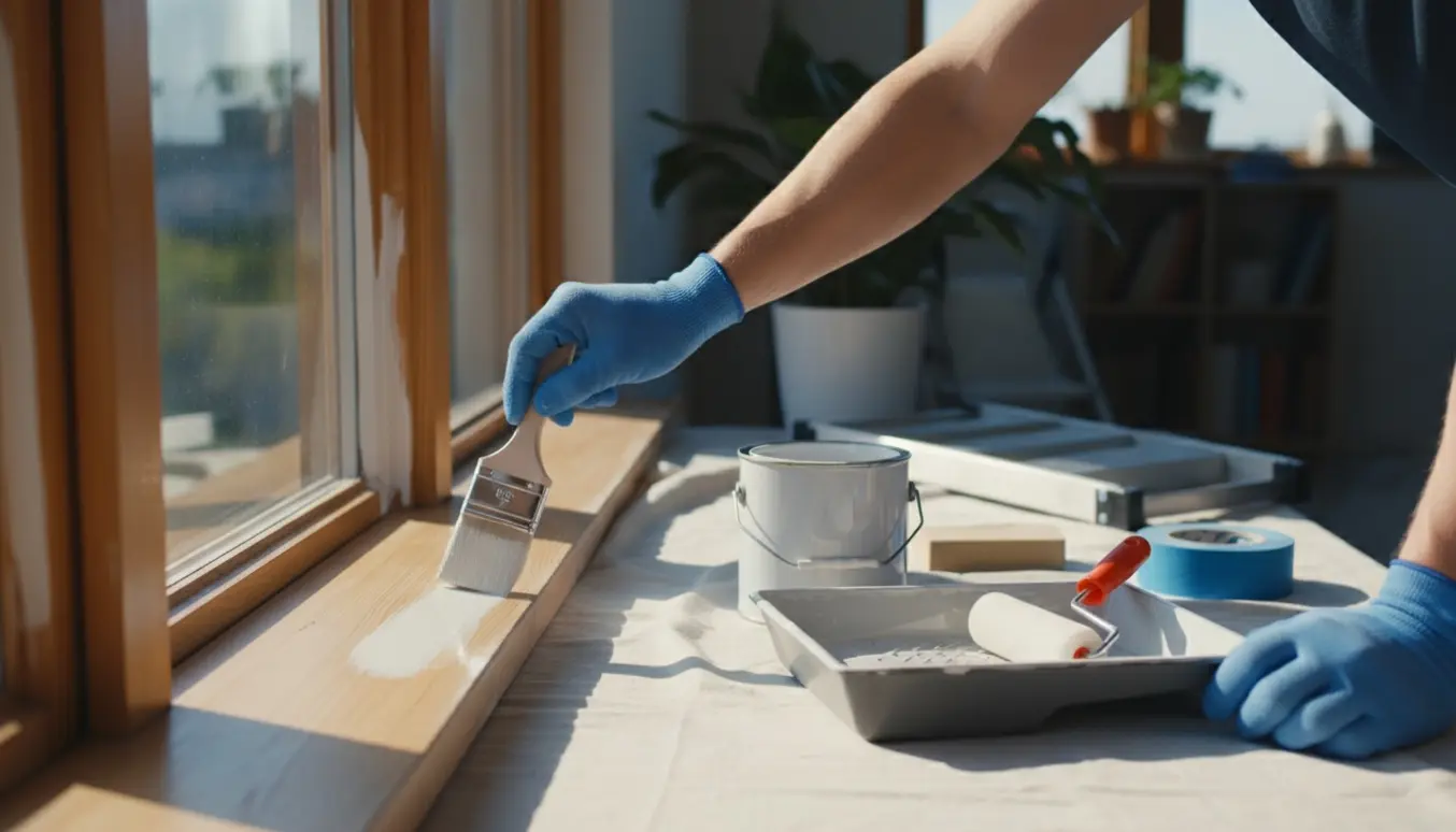 Hænder maler en trævinduesramme med pensel, omgivet af malerbøtte, afdækning og malertape.