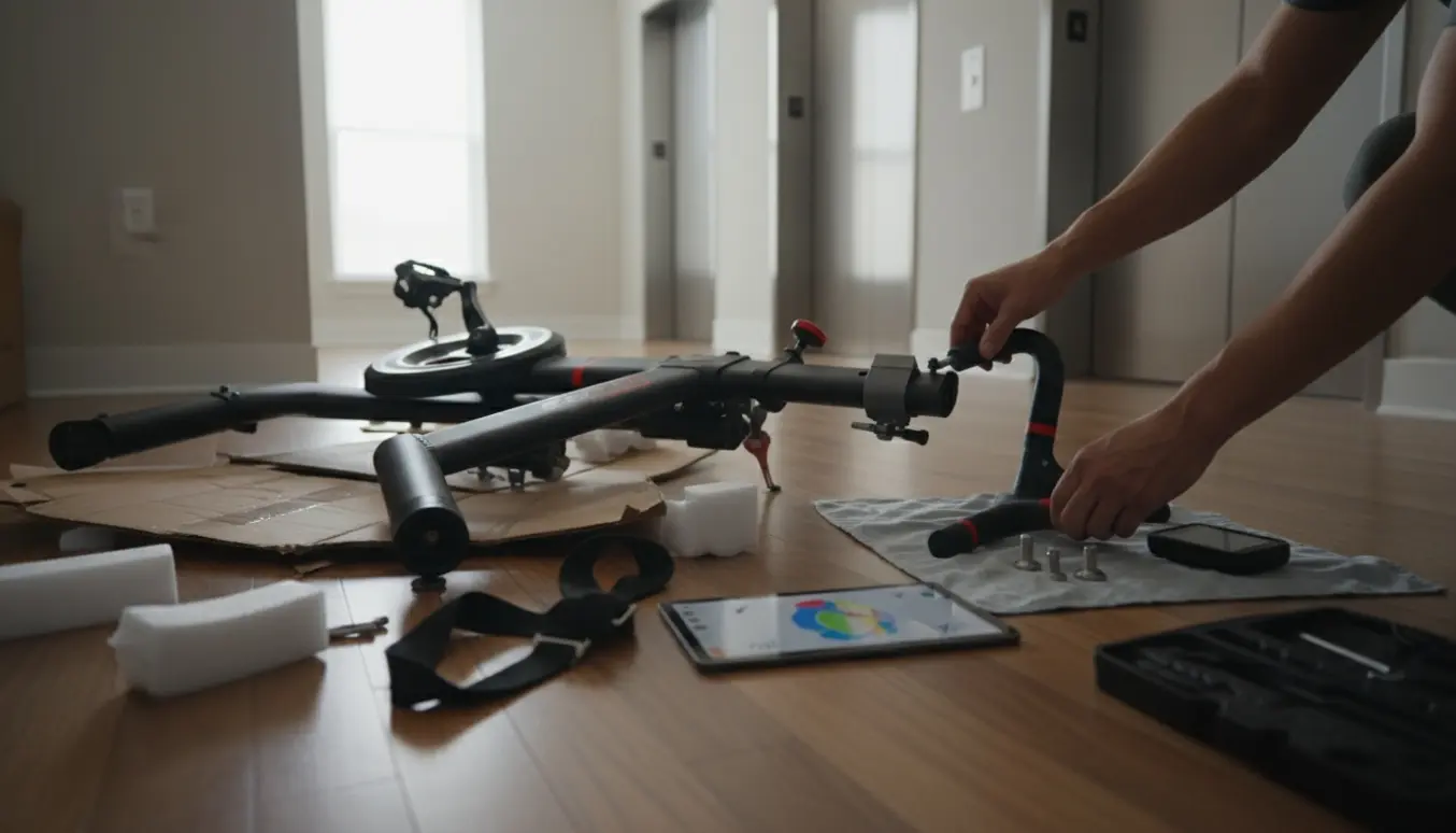 Delvist samlet spinningcykel i lejlighedsgang ved elevatoren med værktøj og tablet klar til Zwift-installation.