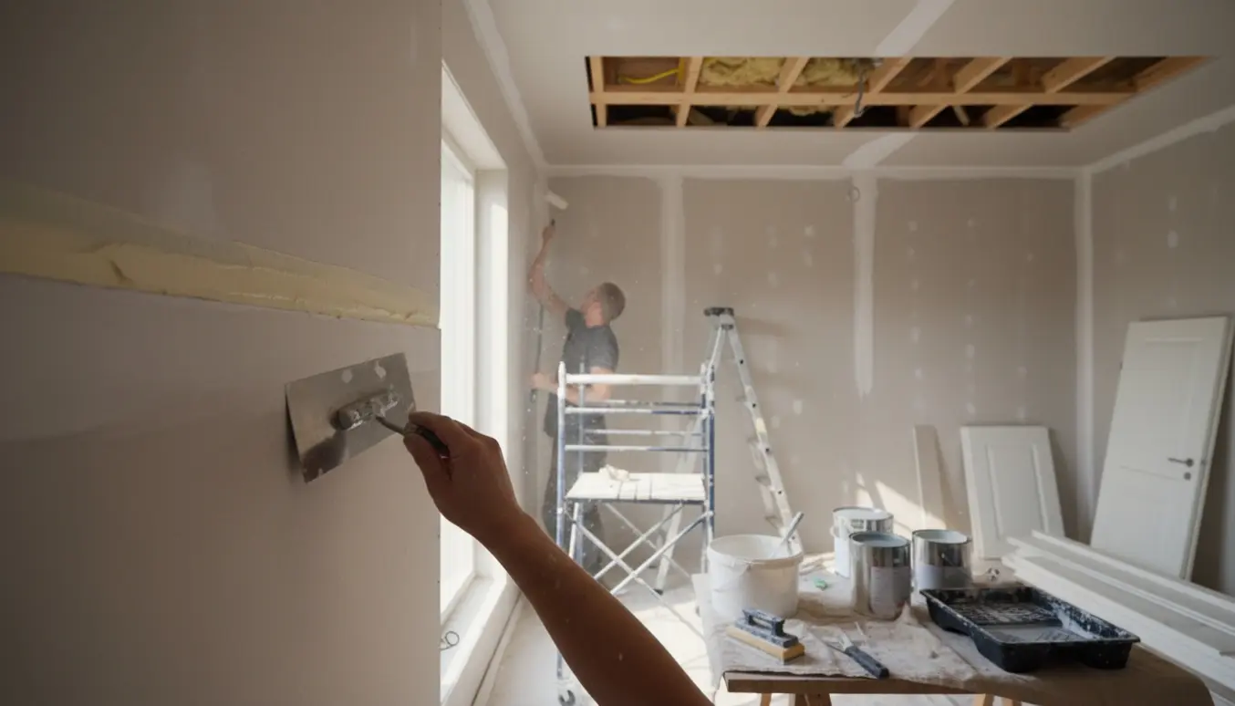 Nærbillede af spartel og rulle, der påfører filt på gipsvægge og loft i et rum under renovering.