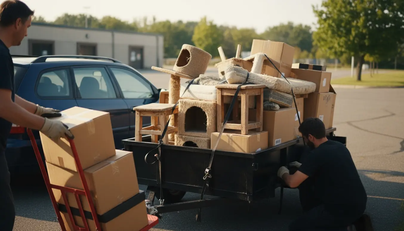 Affald som kattekradsetræer og småt brændbart læsses i en trailer på en indkørsel.
