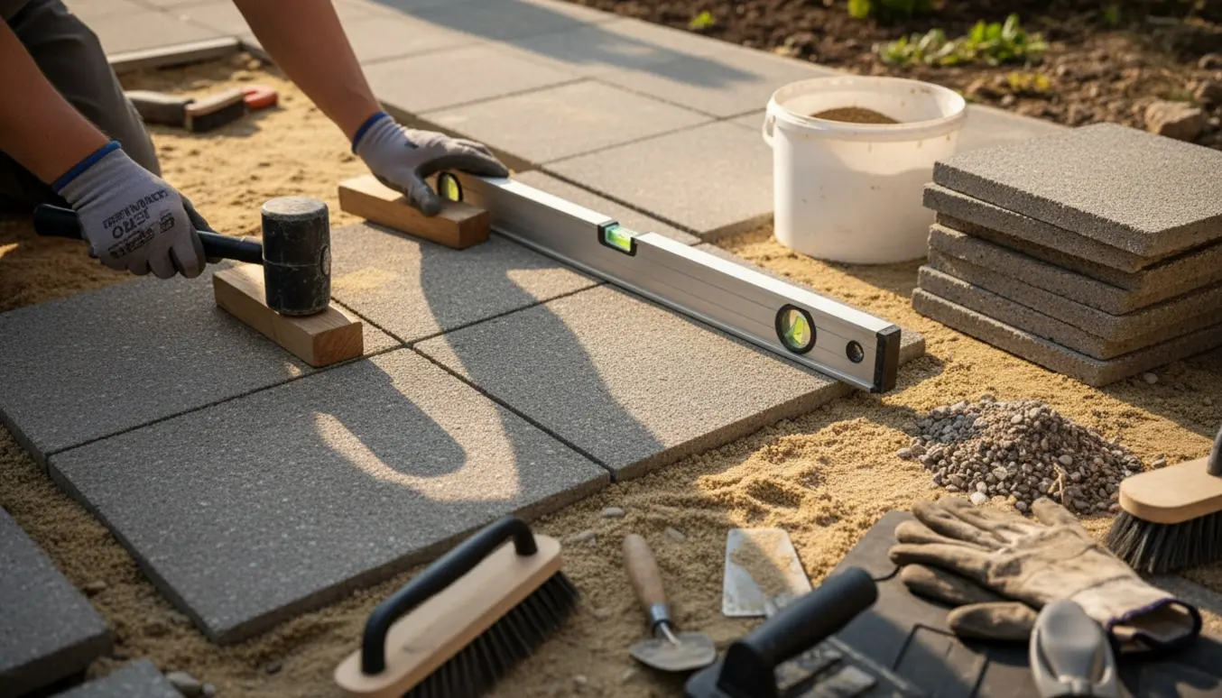 Hænder placerer en 40x40 cm terrasseflise på et jævnet sandunderlag med værktøj og en bunke småsten lagt til side.