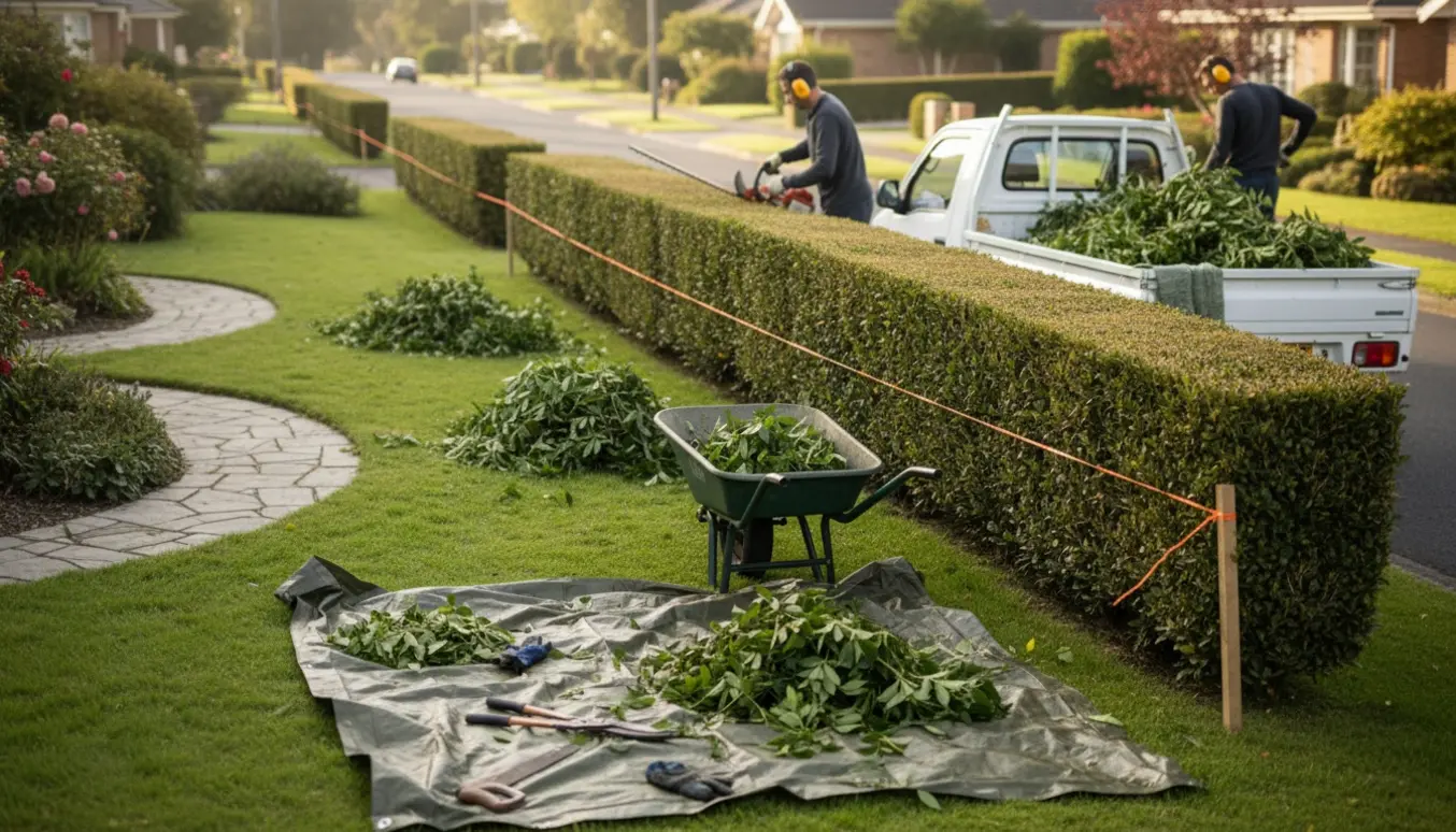 Havemænd klipper en lang hæk og læsser grenaffald i en trillebør ved en villahave.