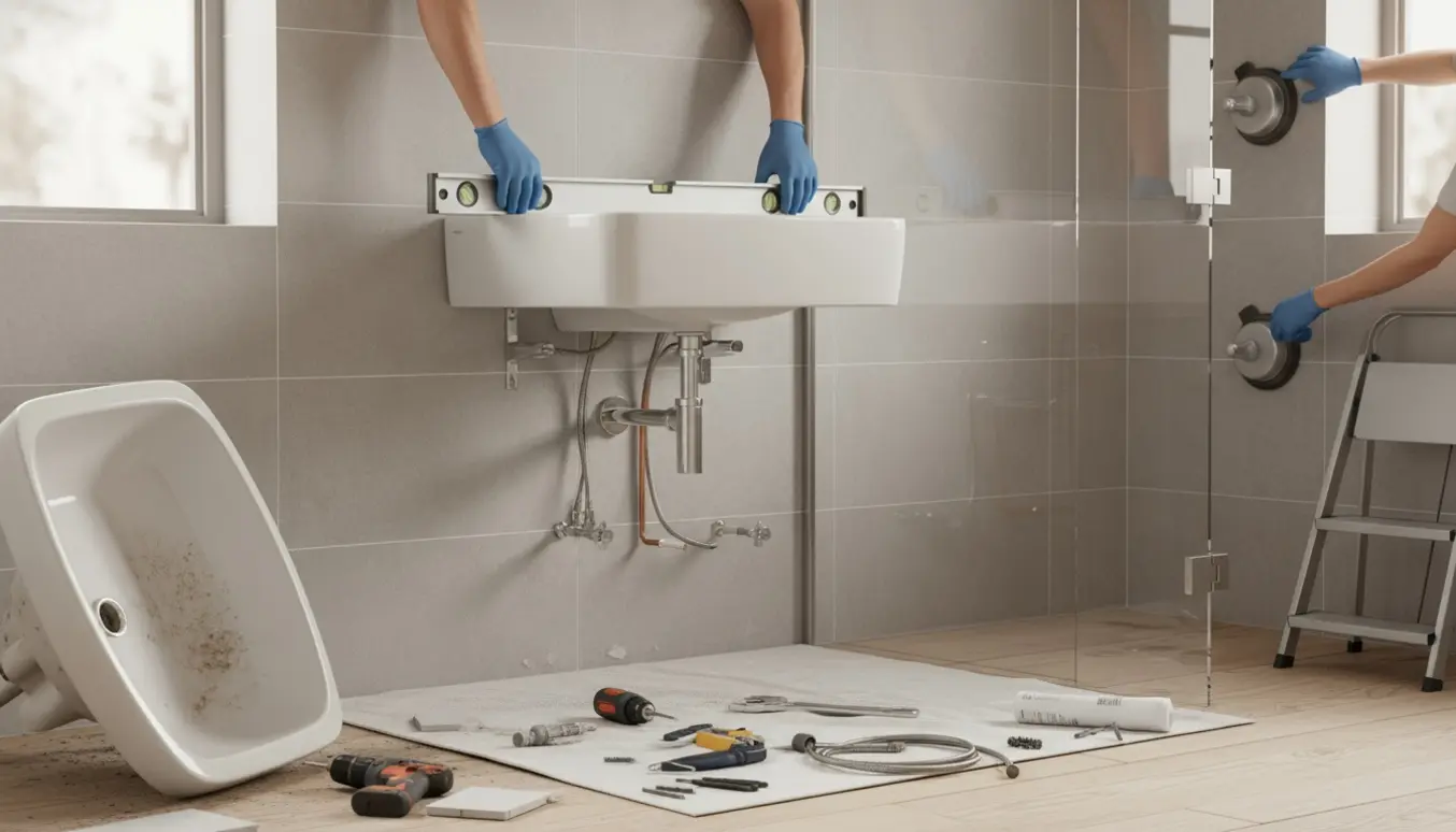 Væghængt hvid håndvask og glas bruseniche under installation med værktøj og arbejdshænder.