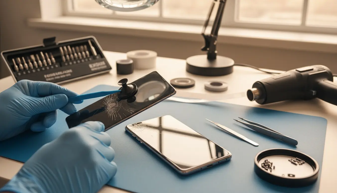 Nærbillede af reparation: hænder i handsker fjerner en revnet skærm og forbereder en ny skærm på et ryddeligt arbejdsbord.