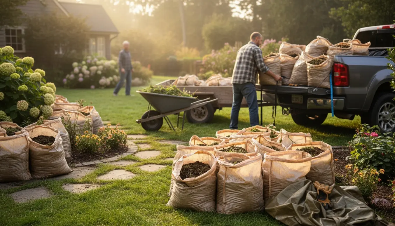 Personer læsser havesække op på en pickup i en have, set bagfra uden tydelige ansigter.