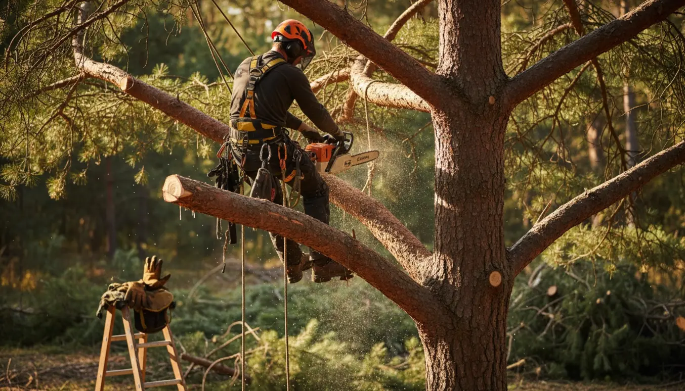 Arborist beskærer toppen af en høj skovfyr med klatreudstyr og motorsav, savflis daler i sollys.