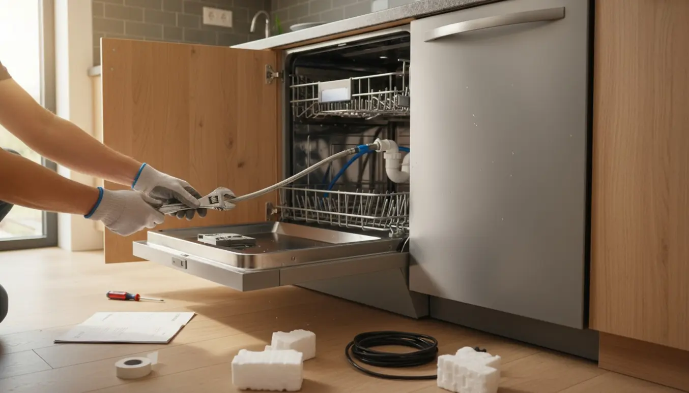 Hænder tilslutter vand- og afløbsslanger til en ny opvaskemaskine under køkkenvasken.