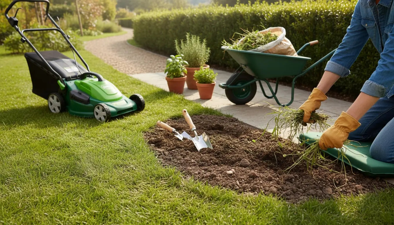 Hænder med handsker fjerner ukrudt i en lille have ved en nyklippet plæne og haveværktøj.