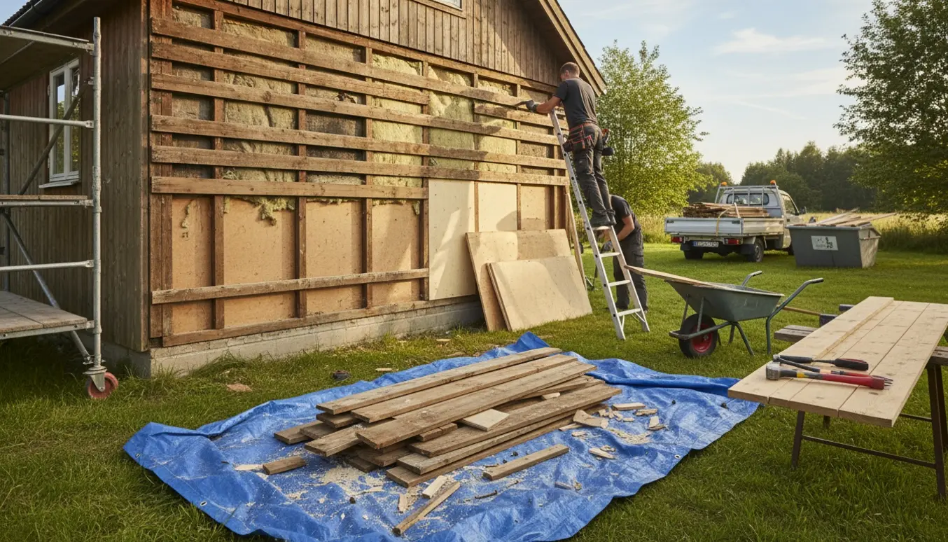 Sommerhus med fjernet yderbeklædning, stabler af gamle træbrædder og håndværker på stige uden synligt ansigt.
