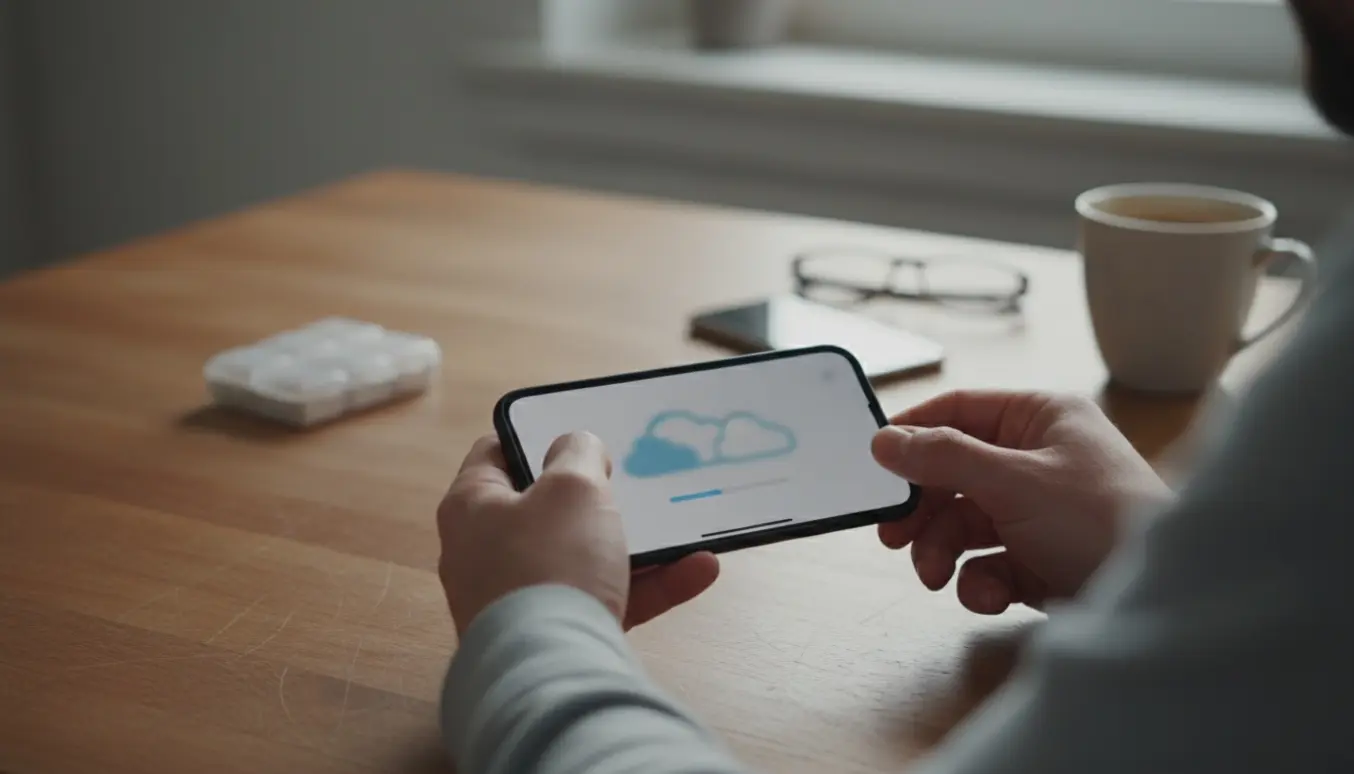 Nærbillede af en hånd, der holder en smartphone og ændrer kontoindstillinger, med en anden telefon og medicinbeholder i baggrunden.