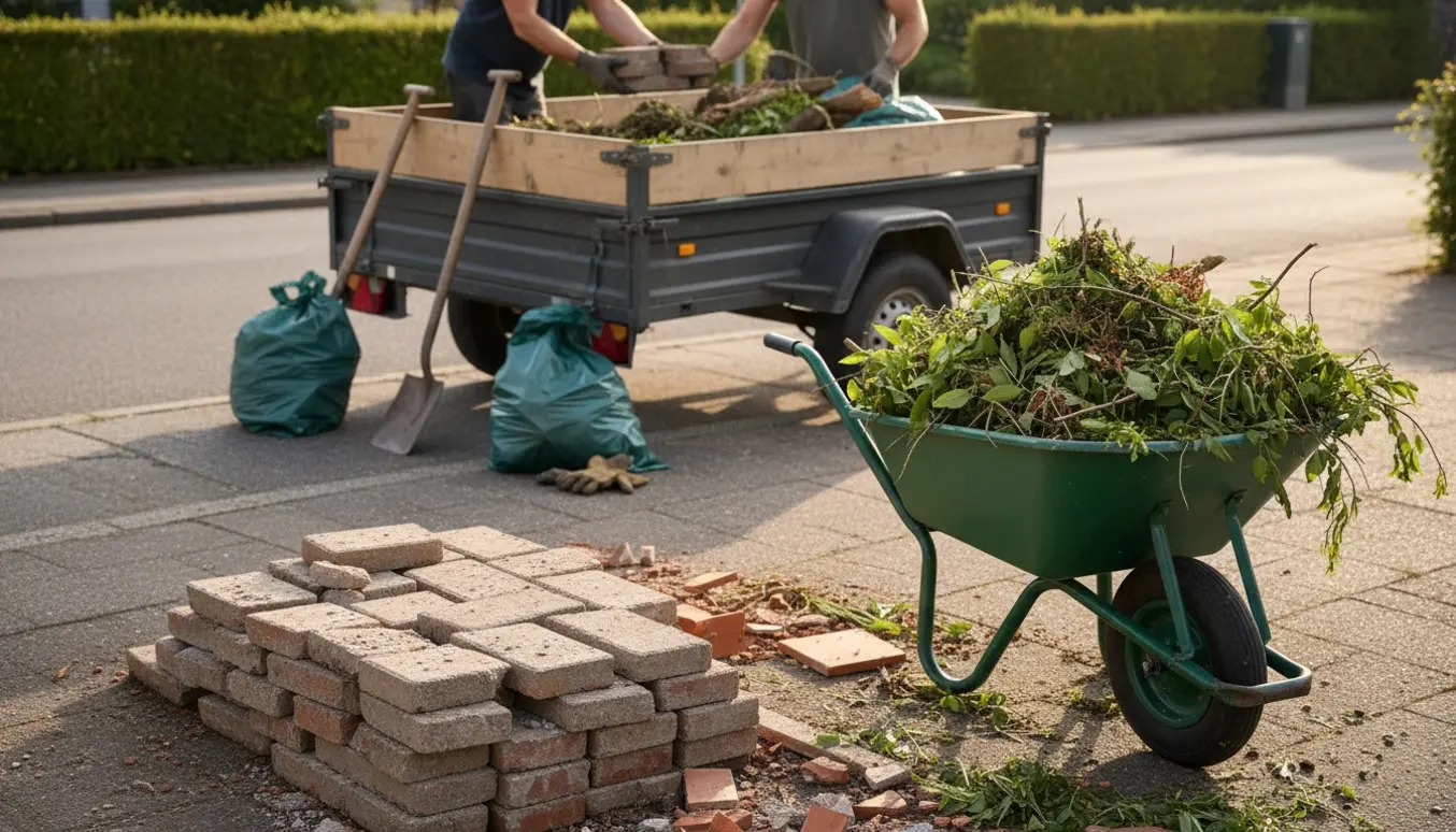 En trailer ved indkørsel fyldt med fliser, haveaffald og byggeaffald, mens en person læsser materialer.