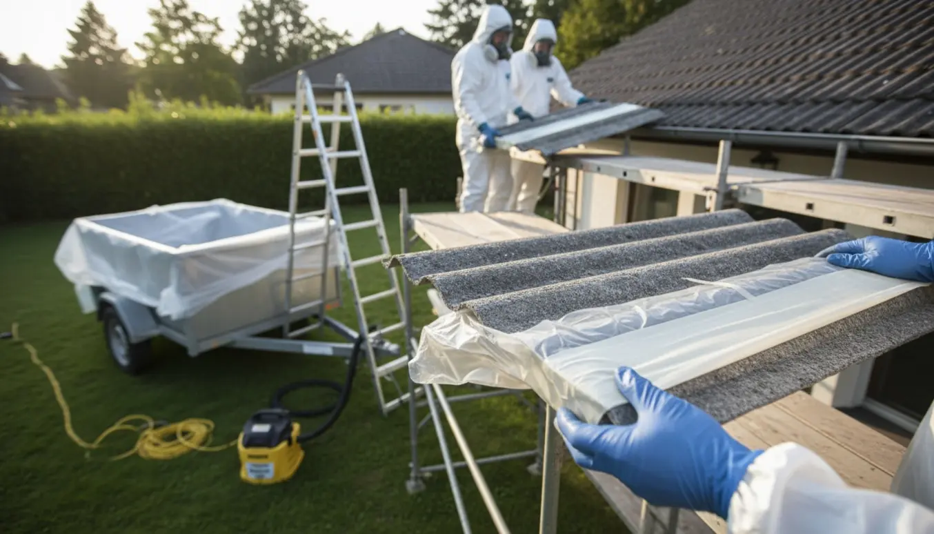 Professionelle i beskyttelsesdragter pakker og bortskaffer gamle eternitplader fra et tag.