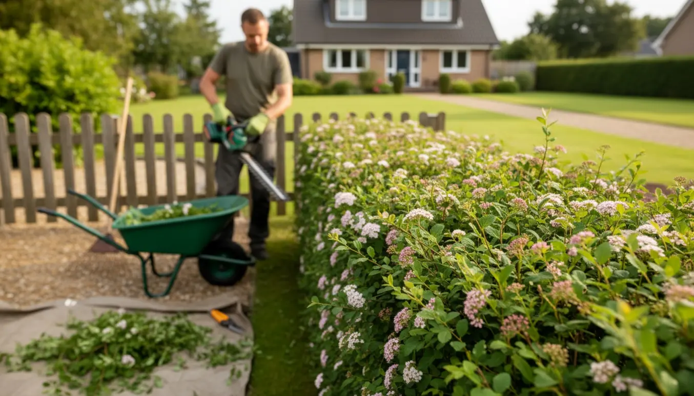 Nyklippet spireahæk langs grunden med haveredskaber og opsamlede afklip.