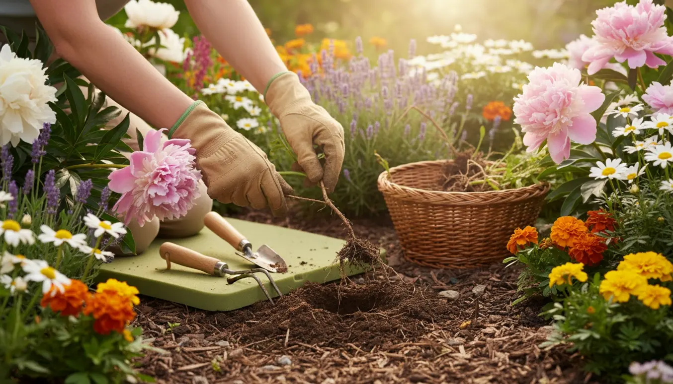 Hænder i haverhandsker fjerner ukrudt fra et blomsterbed i varmt morgenlys.