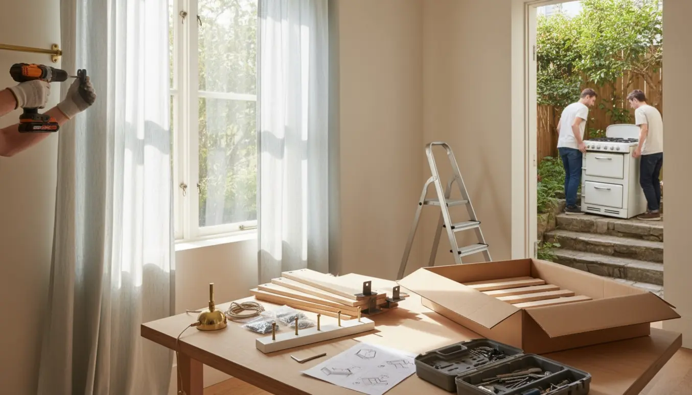 Håndværker bruger boremaskine til at montere gardin indendørs, med hylder, lampe og et gammelt komfur båret ud i gården.