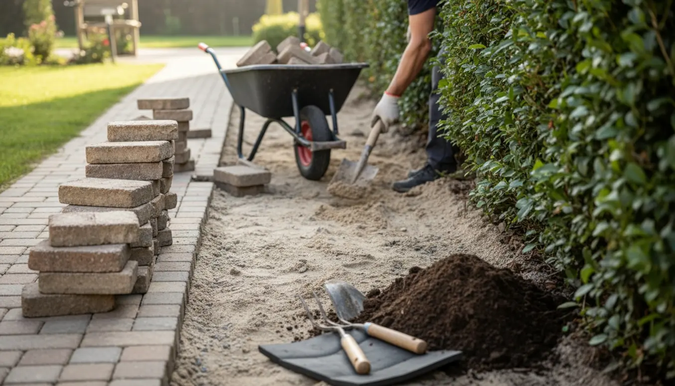 Opgravning ved hæk: fliser er fjernet, sand graves op og området fyldes med jord.