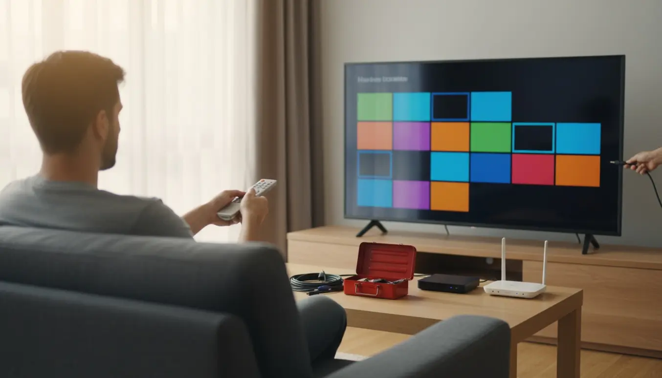 Person set fra ryggen med fjernbetjening foran en fladskærm, hvor farvede tomme kanalfelter viser manglende tv-kanaler.