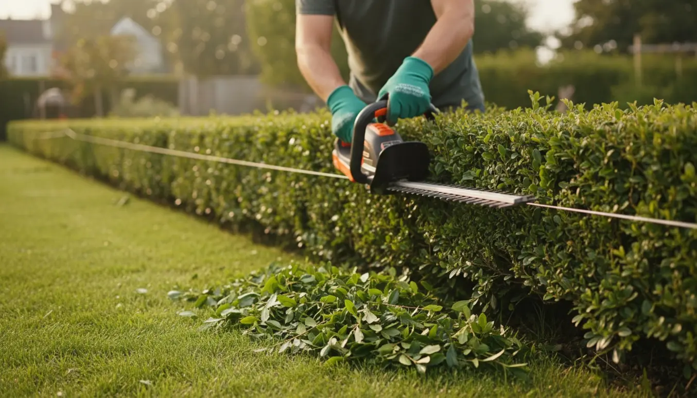 Hækkeklipning af en 6 meter hæk langs en opstrammet snor, kun hænder og redskab synlige.