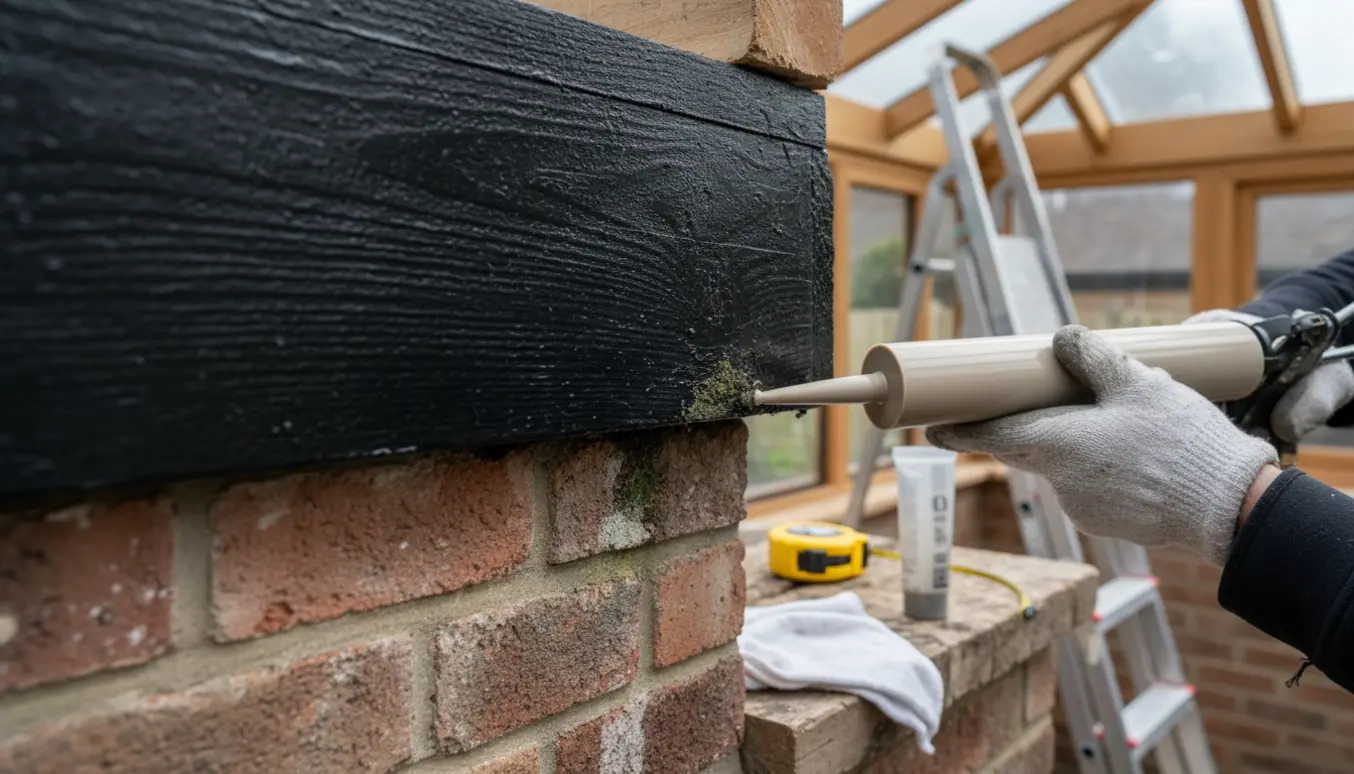 Nærbillede af fuge mellem sort træbjælke og mur med fugepistol og værktøj i baggrunden.