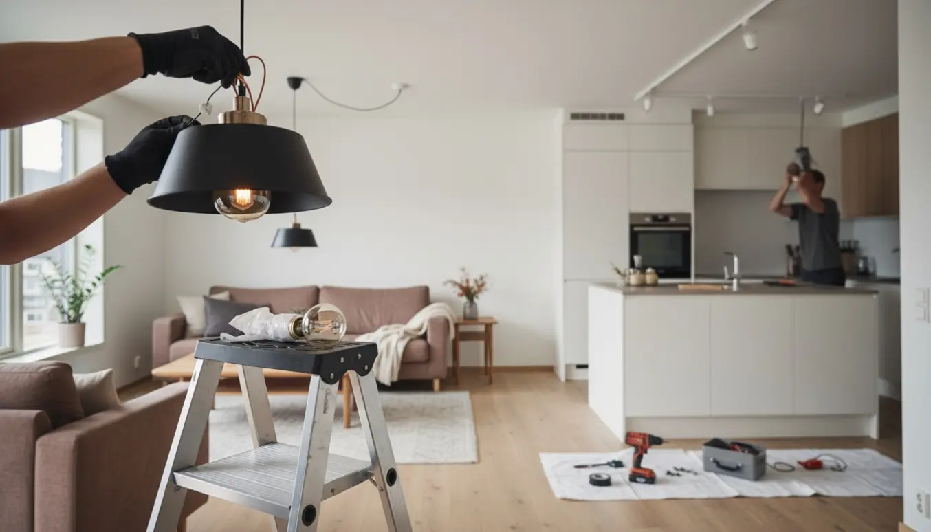 Nærbillede af ophængning af pendellampe i stuen og montering af lysskinne i køkkenet med værktøj på en stige.