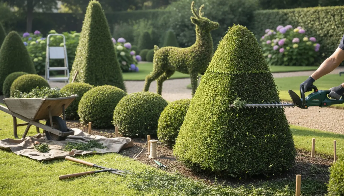 En gartner trimmer forskellige hække og figurformede taks i en solbelyst have.