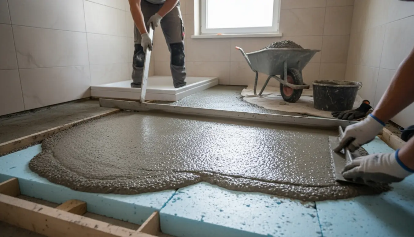 Et lille badeværelse med nystøbt gulv over 150 mm isoleringsplader, hvor betonen glattes.