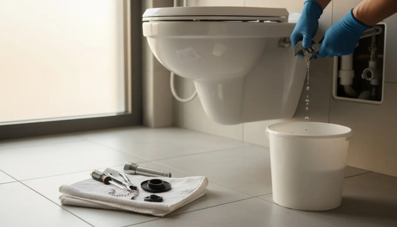 Væghængt toilet med åben adgang til cisternen, værktøj og en spand der opsamler dryppende vand.
