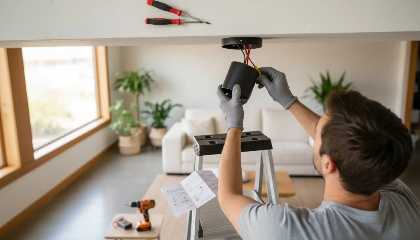 Hænder monterer en loftslampe fra en stige i et lyst, moderne rum med værktøj ved siden af.
