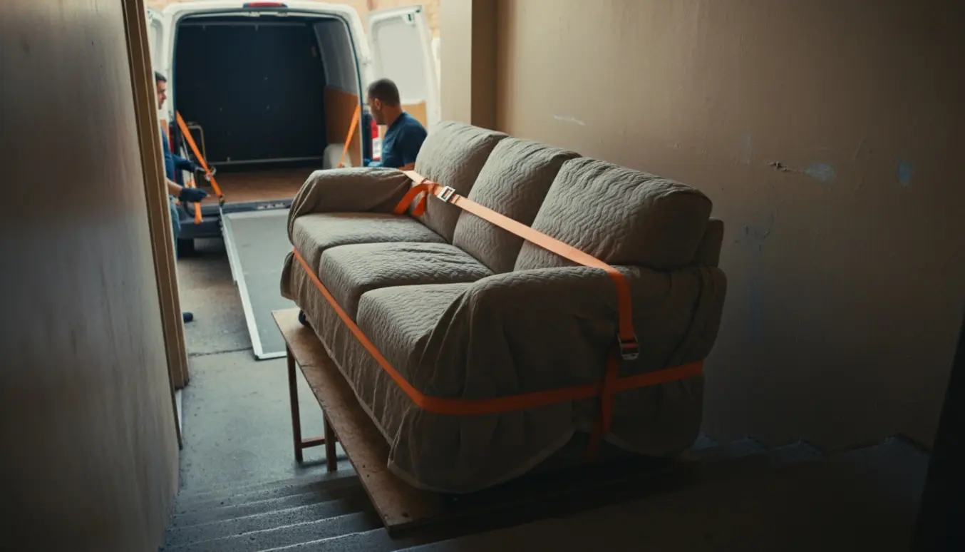 To personer bærer en lang sofa fra en varevogn ned ad trappen til en kælderlejlighed.