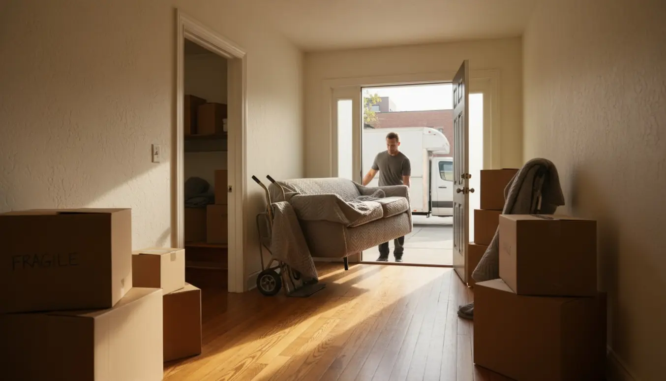 To flyttefolk bærer en sofa ud af en lys lejlighed mod en lukket flyttebil, med kasser og flyttetæpper i forgrunden.