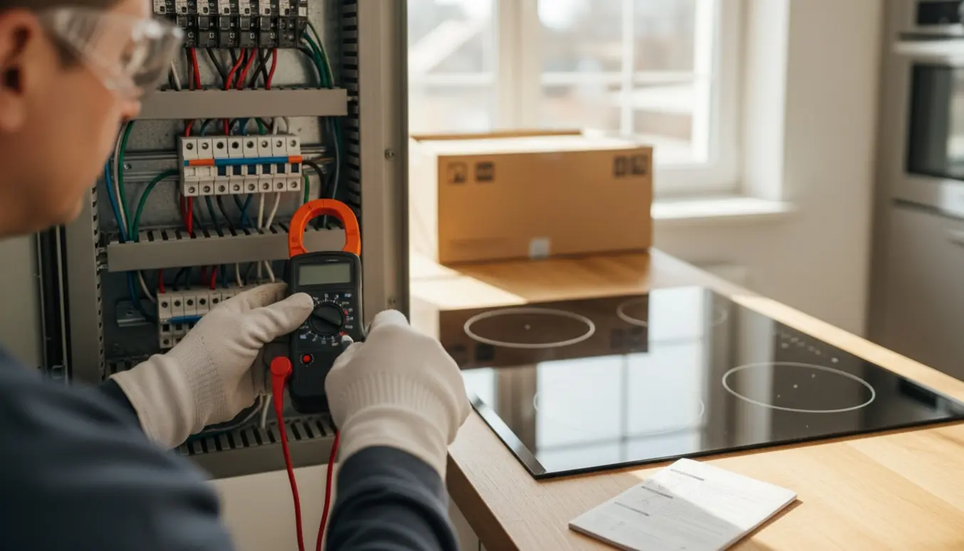 Elektriker måler i en åben eltavle med nyt ovn og glaskeramisk kogeplade klar i et lyst køkken.