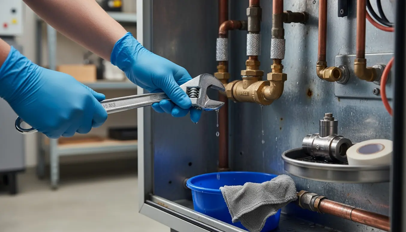 Nærbillede af hænder, der skifter en utæt ventil i et åbent varmevekslerskab med værktøj og dryppende vand.