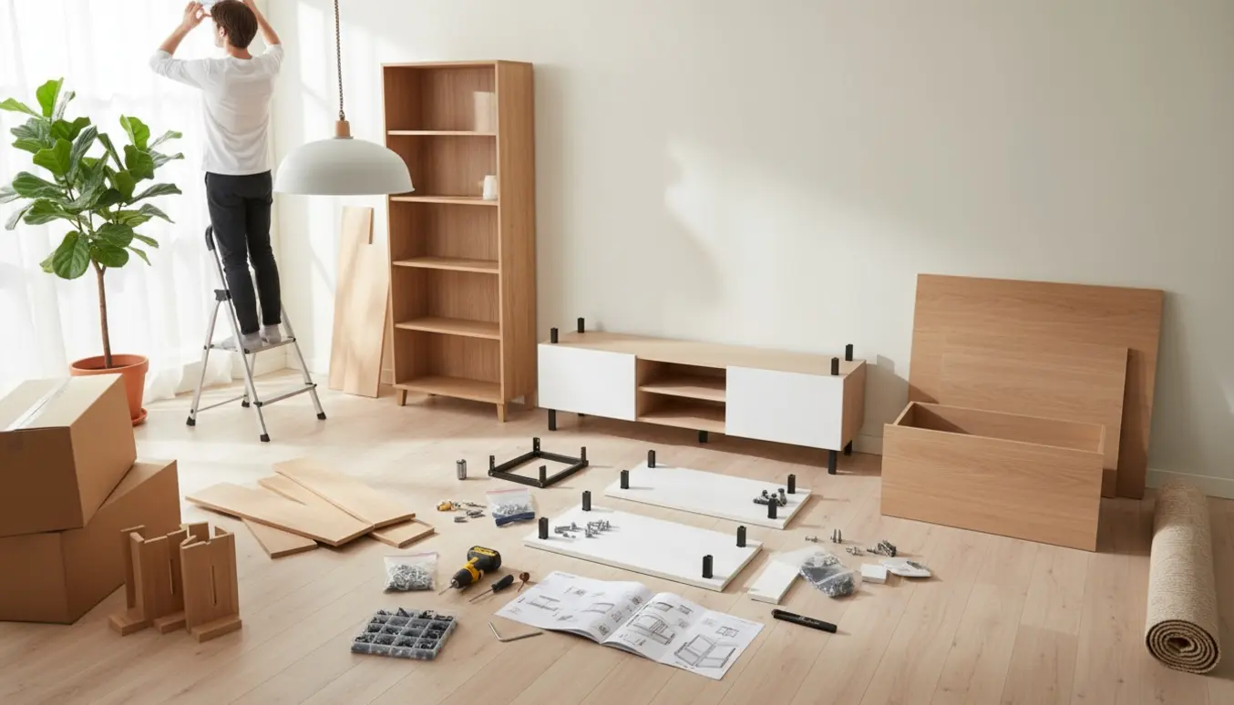 Delvist samlede IKEA-møbler i en lys stue med værktøj og en person på en stige ved montering af en loftlampe.