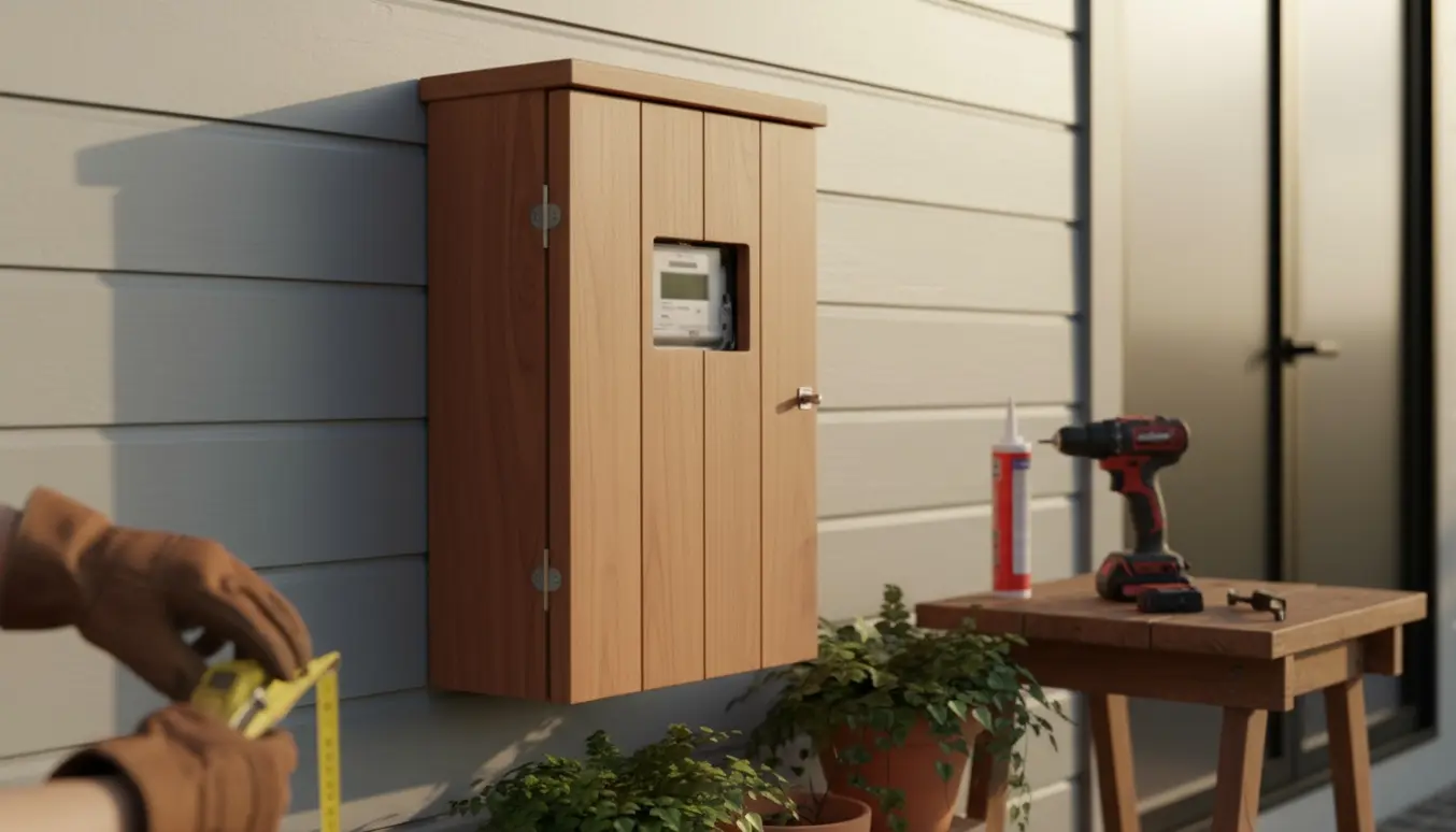 Et lille træskab monteret på husets facade, let åbent for at skjule en smal elmåler, med værktøj i nærheden.