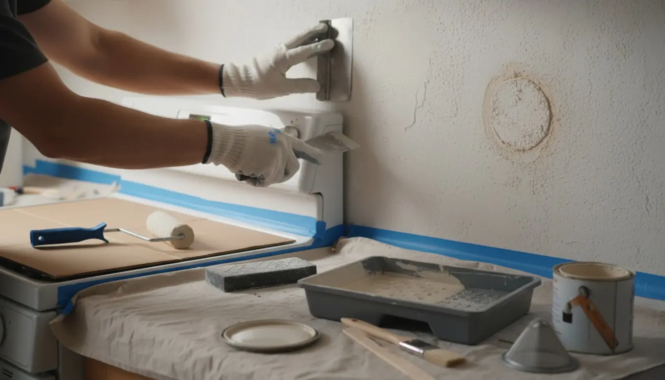 Nærbillede af spartling, slibning og maling af køkkenvæggen over komfuret med værktøj på afdækning.