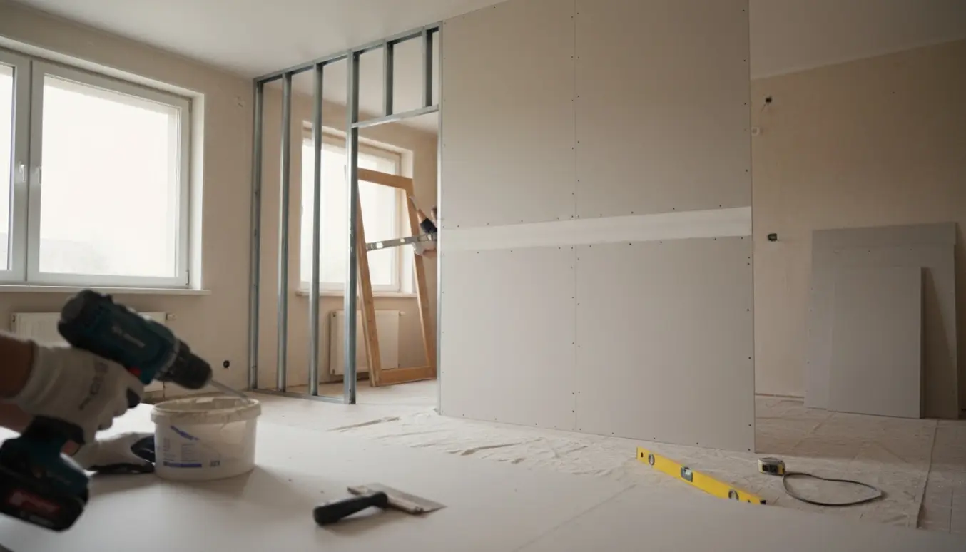Halvfærdig skillevæg i et rum med gipsplader, metalstolper og håndværkerredskaber ved en døråbning.