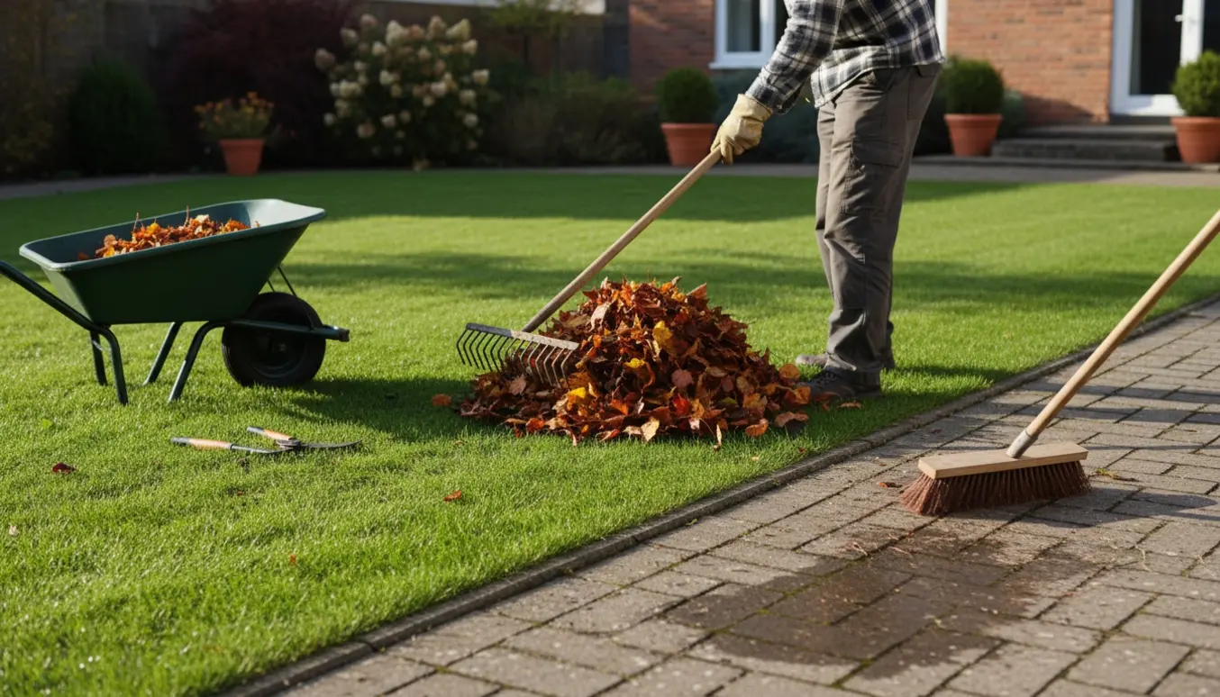 Nærbillede af havearbejde med rive, kantklipper og kost ved en nyryddet græsplæne og fejet flisegang.