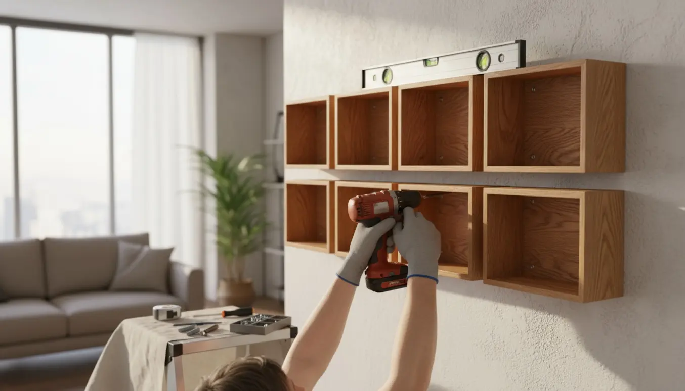 En person monterer ti træbogkasser på en væg i et lyst, moderne rum.