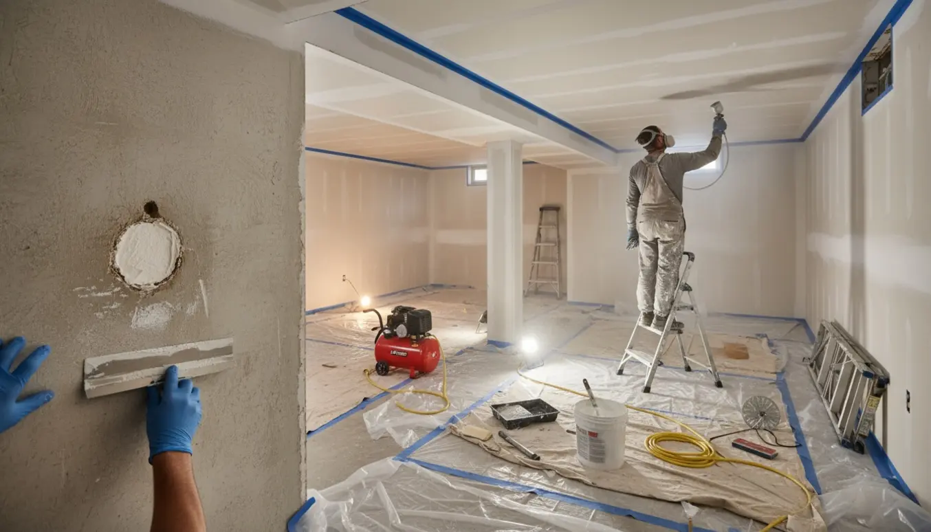 Arbejdere spartler huller og sprøjtemaler vægge og loft i tre kælderrum, med afdækning og værktøj på gulvet.