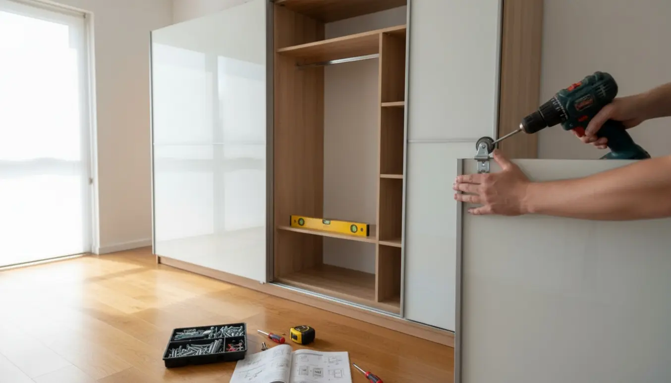 Delvist samlet 2,42 m skab med skydedøre og værktøj i et lyst rum.