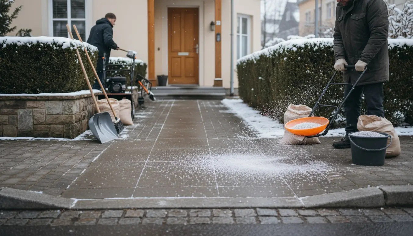 Personer rydder sne og strør grus/salt på fortov og indgang ved et hjørnehus.