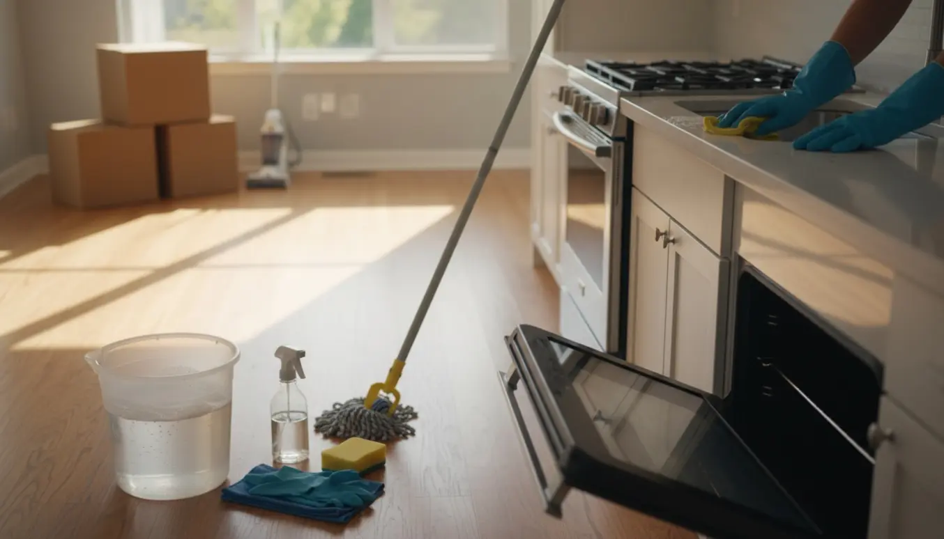 Rengøringsudstyr og handsker i et solbelyst, tomt hjem under flytterengøring med flyttekasser i baggrunden.