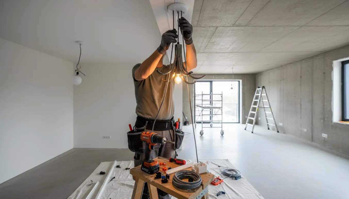 Nærbillede af hænder, der monterer en pendel og kabelskjuler i en lejlighed med både gips- og betonlofter.