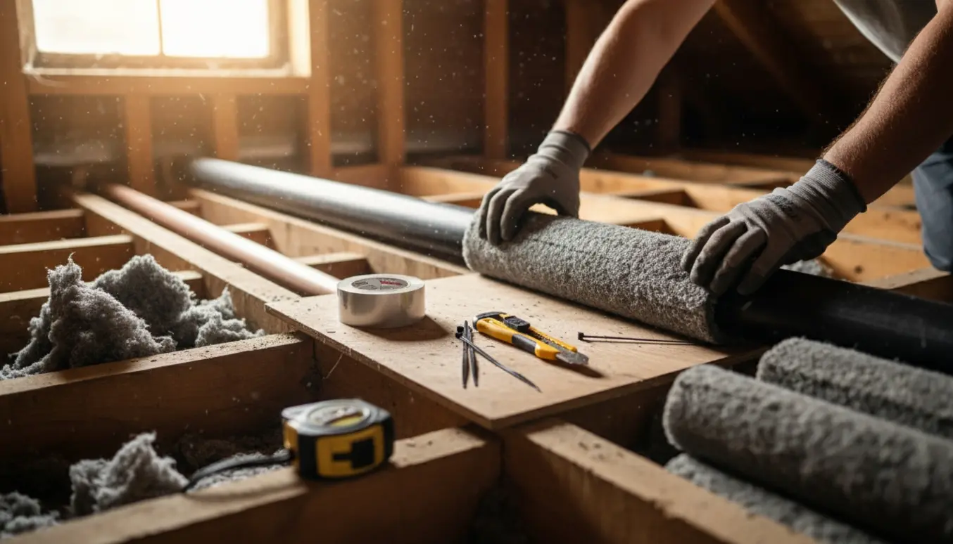 Nærbillede af hænder, der monterer rockwool rørskål omkring varmerør i et loft.