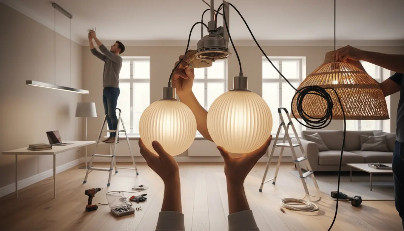 Hænder på en stige monterer og reparerer tre loftlamper i et hjem med værktøj og reservedele.