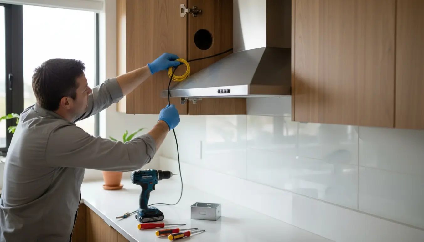 Hænder trækker kabel til stikkontakt til emhætte i et moderne køkken.