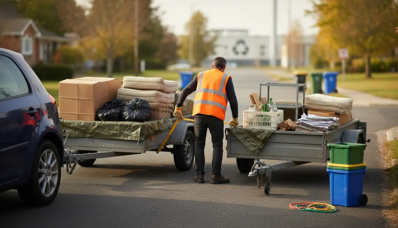 To små trailere halvfyldte med affald på en indkørsel, mens en person fra ryggen sikrer lasten og sorterede bunker står klar til genbrugspladsen.