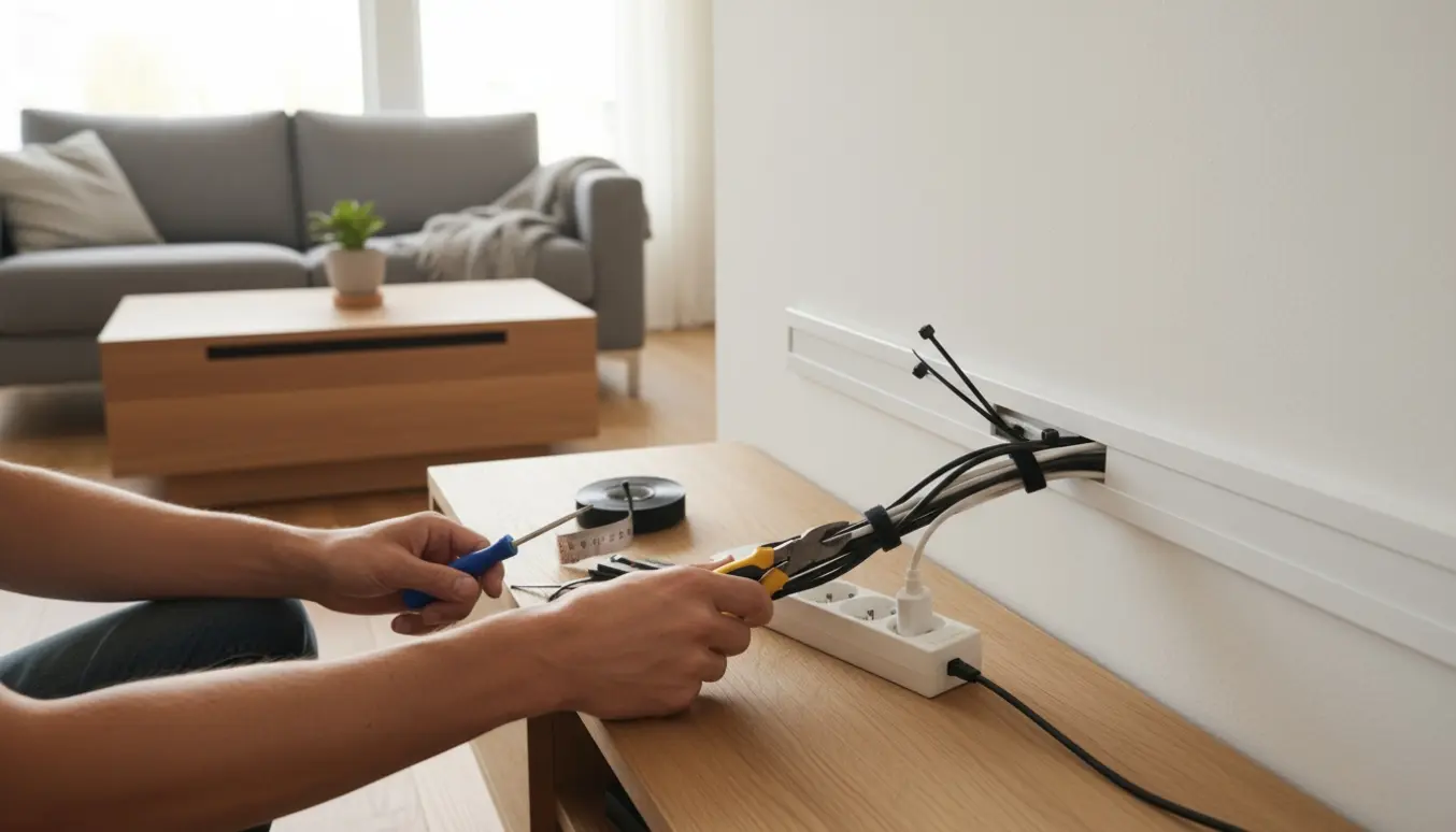 Hænder skjuler og organiserer ledninger langs en stuevæg med kabelskjuler og værktøj.