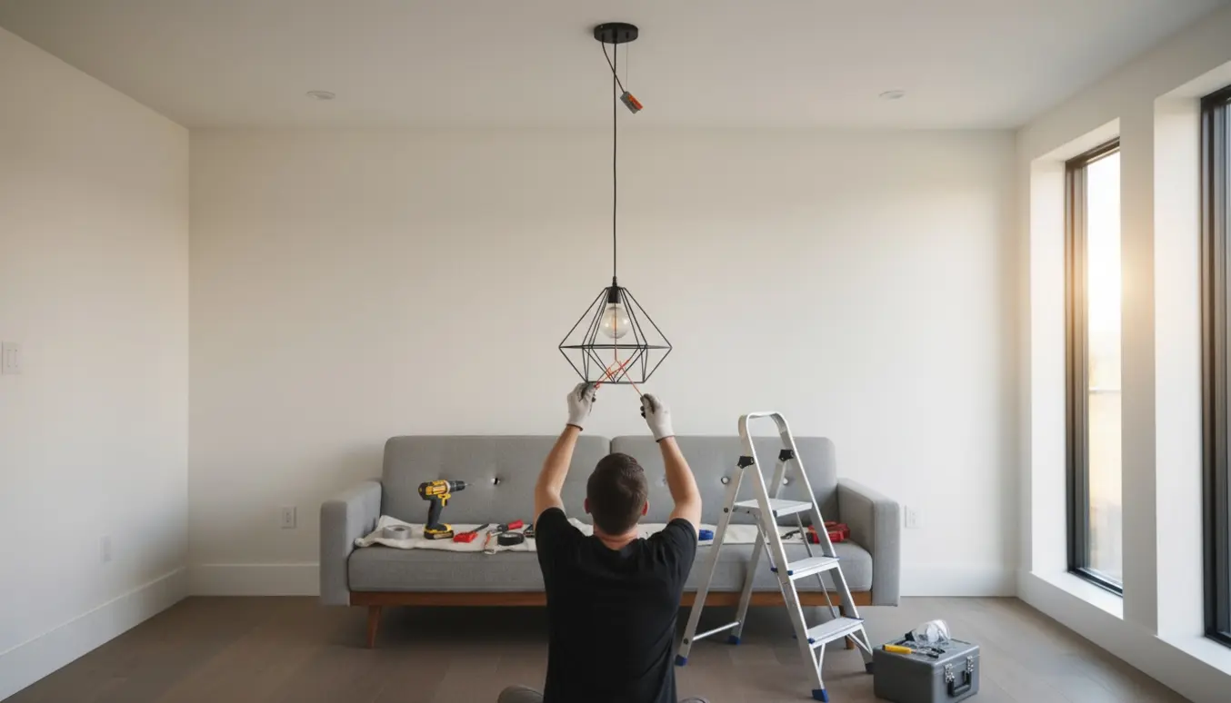 Pendellampe hænges op over sofa i moderne nybygget stue, med værktøj og hænder i fokus.