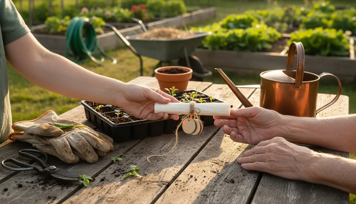 Nærbillede af hænder, der overgiver et lille gavekort og træ-tokens ved et havebord med haveredskaber.